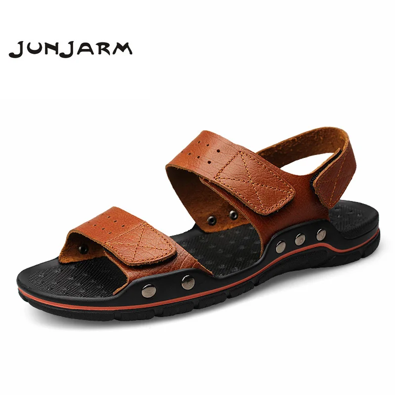 

JUNJARM 2018 Summer Men Sandals Cow Leather Men Beach Sandals Brand Men Slippers Flip Flops Men Summer Shoes Plus Big Size 38-47