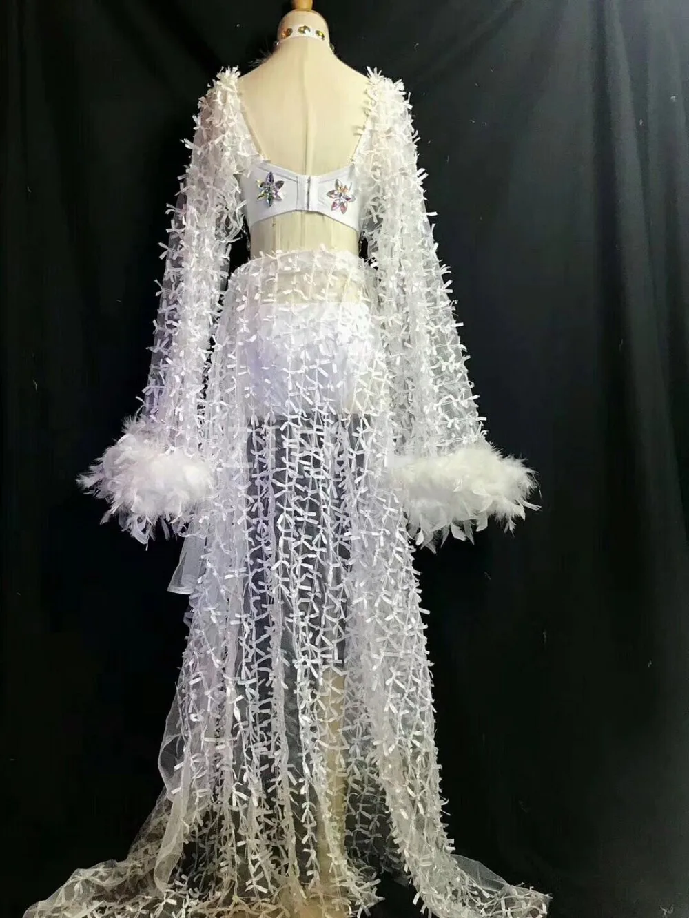 Многоцветные стразы бюстгальтер с перьями короткий сетчатый длинный хвост комплект одежды женские вечерние наряд певицы танцевальное шоу сценическая одежда