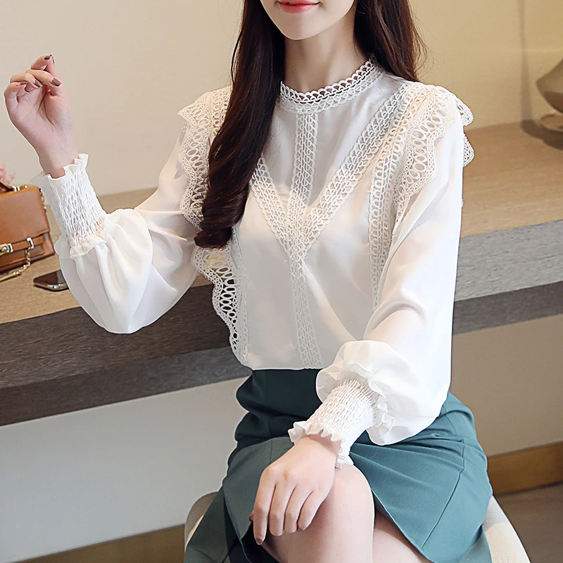  blusas mujer de moda 2018 white hollow lace chiffon blouse shirt long sleeve womens tops and blouse