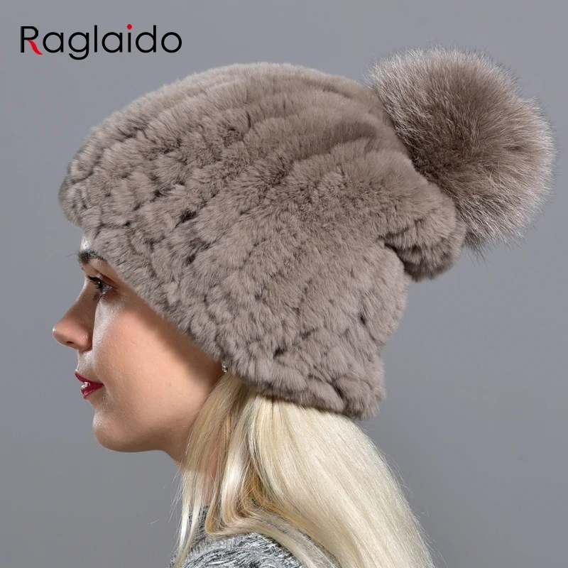 Hot Sale Knitted Pompom Hats for Women Beanies Solid Elastic Rex Rabbit Fur Caps Winter Hat Skullies Fashion Real Fur Hats