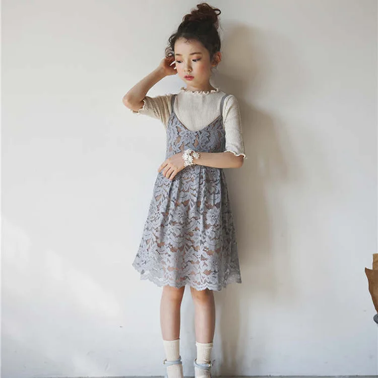 Children Lace Slip Dress New 2017 Girls Sundress Kids Solid Color Dress