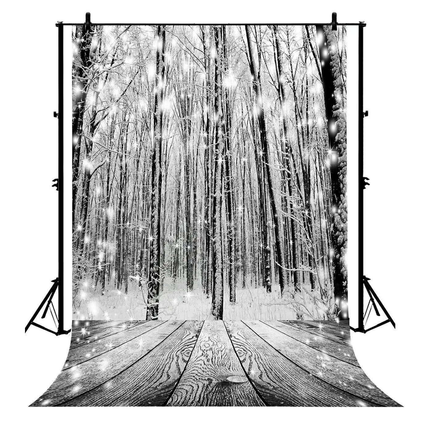 

5x7ft Winter Snow Glitter Snowflakes Forest Retro Wood Polyester Photo Background Portrait Backdrop