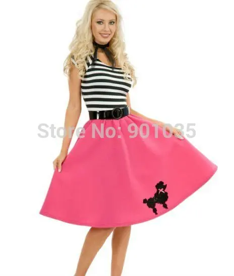 

FREE SHIPPING S-2XL ADULTS LONG ROCK AND ROLL SET POLKA DOT SKIRT FANCY DRESS COSTUME 1950'S 50'S