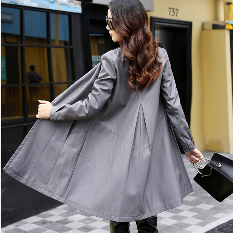 Осенняя кожаная одежда для молодых женщин, пальто большого размера, женская кожаная куртка, Южнокорейский стиль, высококачественный кожаный плащ dressQH1061