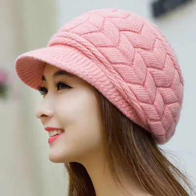 New beanie Elegant women's hat Knitted winter hat for the girl Cap Bow Autumn Ladies Female Fashion Beret Rabbit hair - Цвет: pink colour