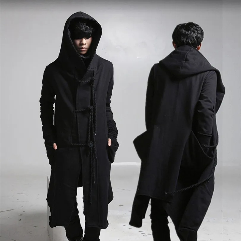 Autumn winter men punk hip hop slim fit long trench coat hooded cloak ...