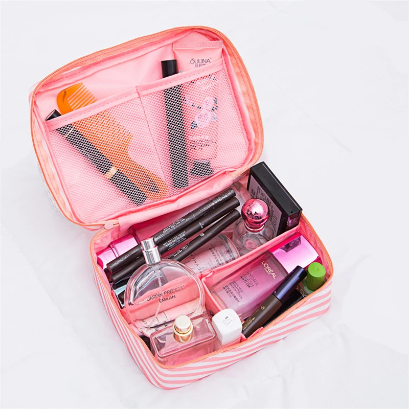 

Women Stripe Travel Cosmetic Bag Makeup Bag Handbag Female Zipper Purse Small Cosmetics Make Up Bags Travel Beauty Organizer