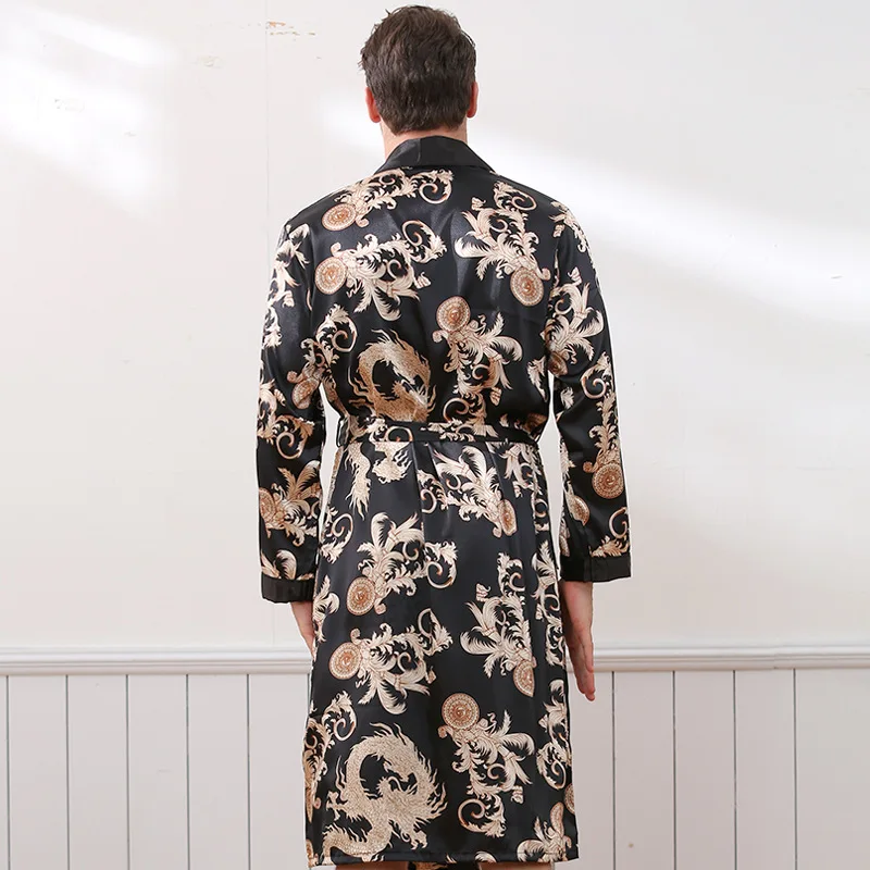 Luxury Sexy Satin Silk Men's Robe dragon print Long-Sleeve lovers Bathrobes Kimono V-Neck  Silk Sleepwear womens robe