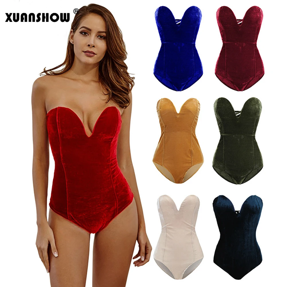 

XUANSHOW Sexy Sweetheart Bustier Bodysuit Solid Backless Lace Up Velvet Rompers 2019 Summer Skinny Elegant Women's Bodysuits