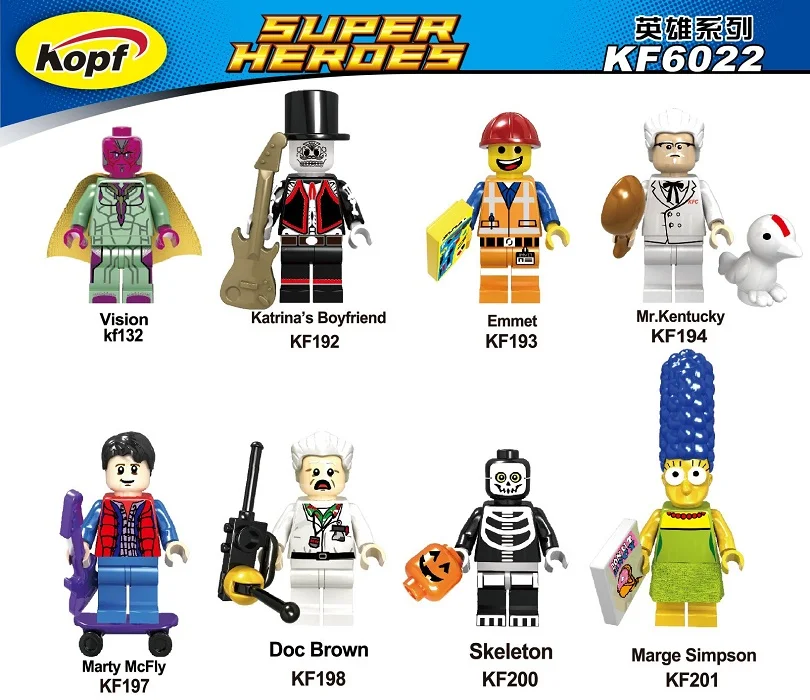 

Building Blocks Super Heroes Marty McFly Doc Brown Monsters Skeleton Guy Vision Action Figures Bricks Children Gift Toys KF6022