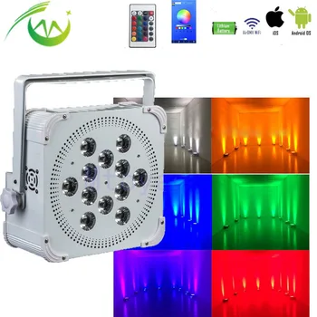 

Wireless dmx uplight with Wifi& IRC remote 12*18w Battery Powered LED Flat DJ Uplighting 24000MHA Disco Lights for Wedding Party