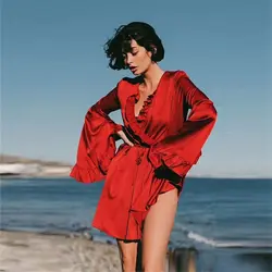 2018 Новая мода Лидер продаж красный с длинным рукавом атласа короткие женское Повседневное платье Sexy Глубокий V шеи пляж вечерние DressVestidos