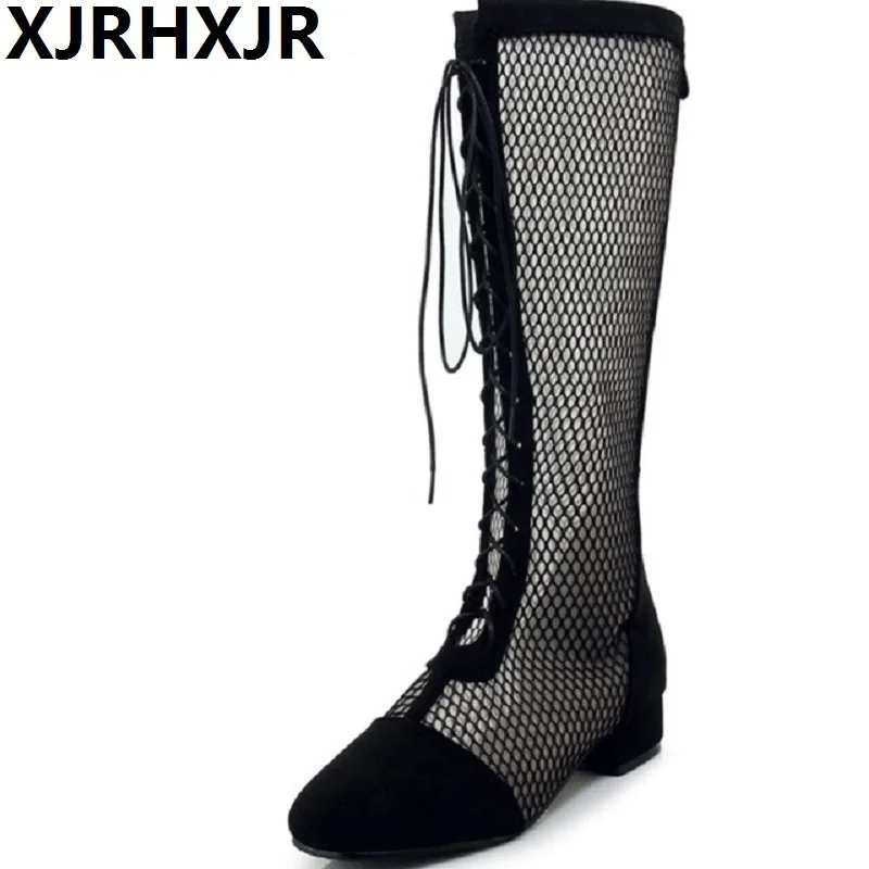 

Lace Low Heel Knee High Knight Sandals Boots 2019 New Open The Toe Cut Out Cross Tied Women Summer Long Boots Plus Size 33-46