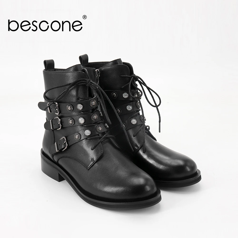 BESCONE Women Ankle Boots Fashion Cow Leather Handmade Round Toe Square Heel Punk Shoes Casual Lace-up Med Heel Ladies Boots BL8 BESCONE Women Ankle Boots Fashion Cow Leather Handmade Round Toe Square Heel Punk Shoes Casual Lace-up Med Heel Ladies Boots BL8