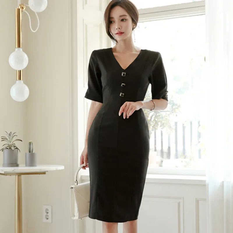 

Autumn Women Oneck Short Sleeve Women Dresses Office Ladies Button Party Sexy Dress Bodycon Black Vintage Midi Pencil Dress