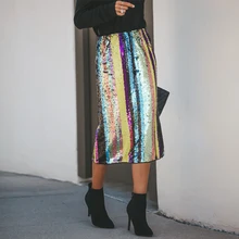 Высокое качество женские разноцветные блестки миди юбка пакет бедра тонкие свободные юбки элегантные женские наряды для вечеринки Сексуальная Новогодняя юбка с блестками