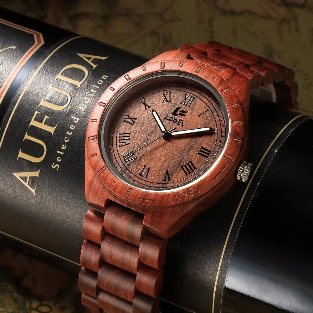 

LeeEv EV1001 Mens Natural Red Sandal Wood Watch Analog Quartz Light Weight Vintage Wooden Wrist Watch
