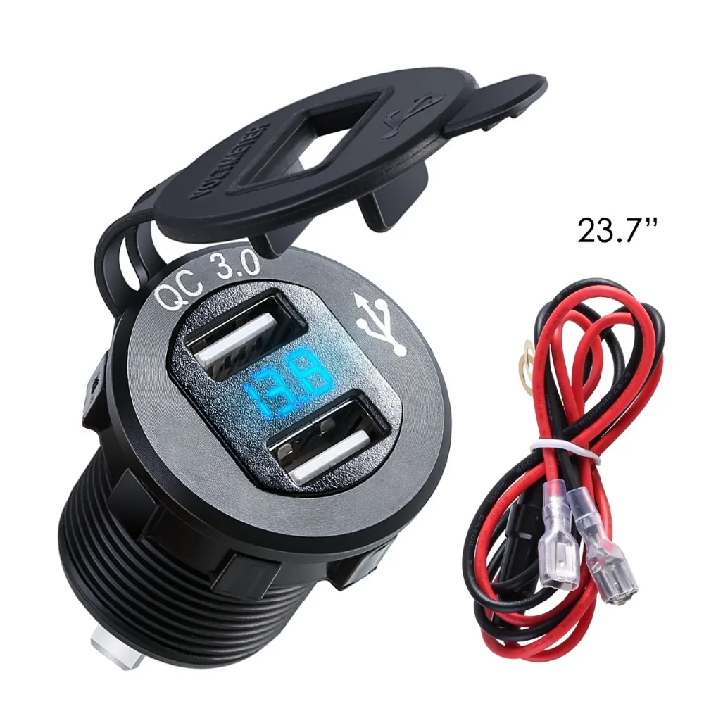 Aluminum Dual USB Charger Socket Power Outlet with Digital Voltmeter QC