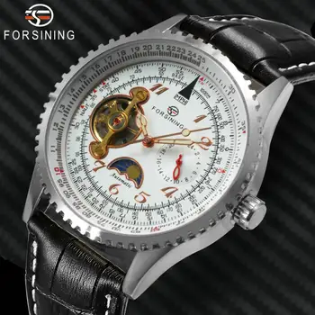 

Top Luxury FORSINING Men Automatic Mechanical Watch Man Leather Strap 24-hours Hands Sub-dial Moon Sun Display Royal WristWatch