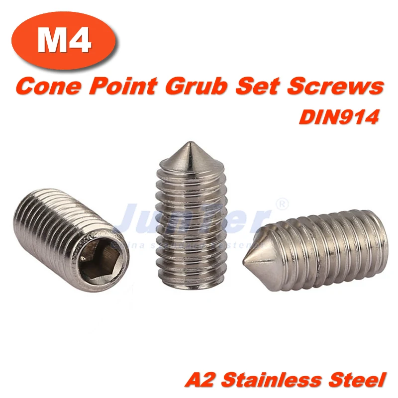 100pcs/lot M4(4mm) A2 Stainless Steel Cone Point Grub Hex Socket Set