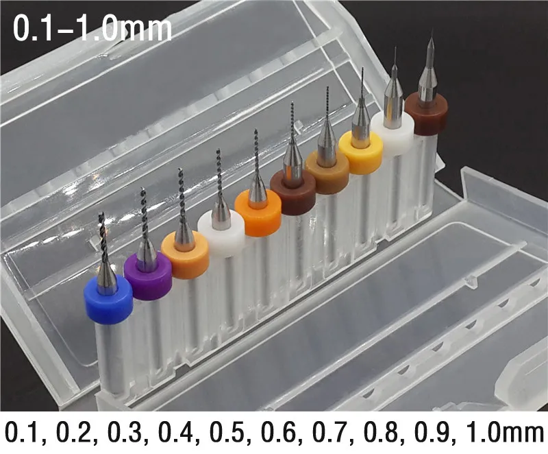 10 шт. набор 0,1 мм-2,0 мм Высокое качество твердого сплава печатная плата карбида микро-сверла, инструмент SMT CNC 1/8 спиральная флейта Bi - Цвет: 0.1-1.0mm