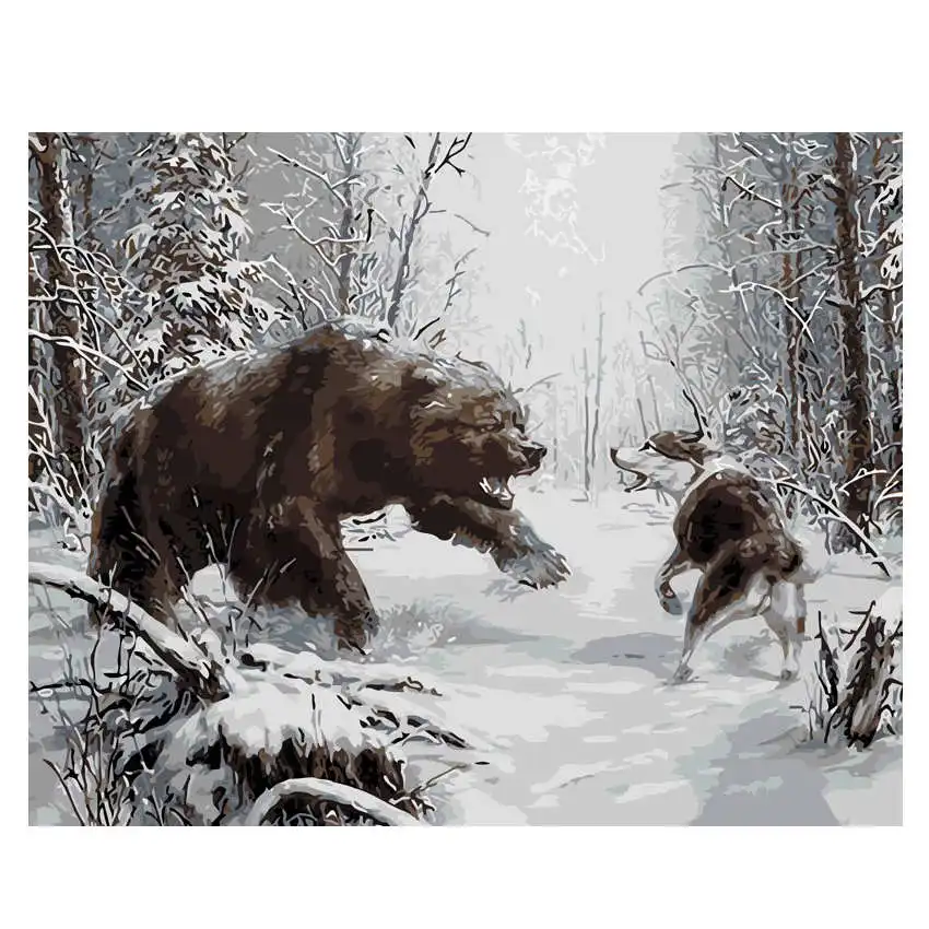 Картина WONZOM Bear Fight Wolf по номерам картина маслом с животными куадро декорацион