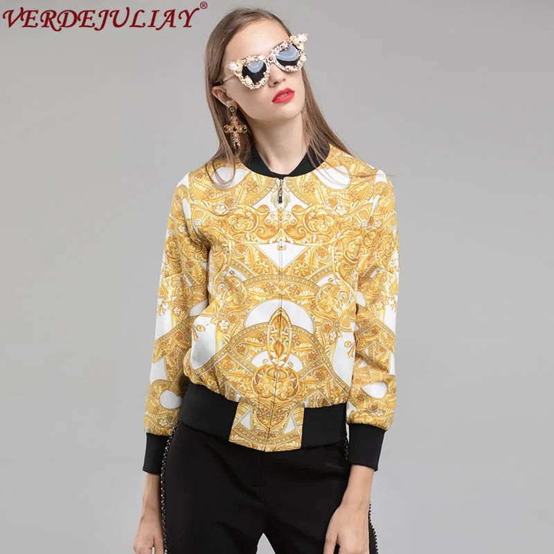 

High Street Jackets 2019 Women Autumn Fashion Luxury Flowers Print Hot Sale England Style Yellow Top Color Patchwork Coat