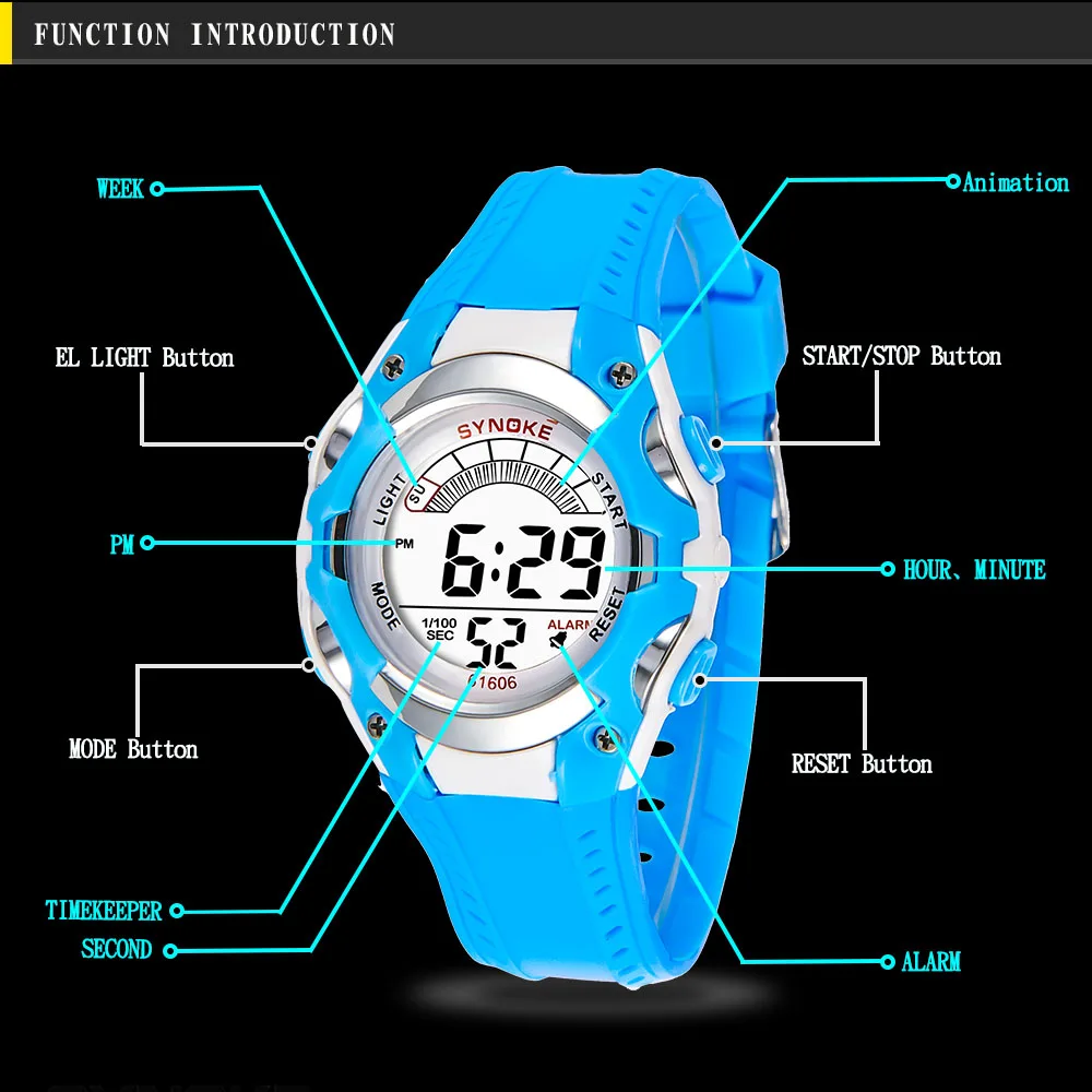 SYNOKE детские спортивные часы, модные светодиодный цифровые кварцевые часы для мальчиков и девочек, водонепроницаемые электронные наручные часы 50 м