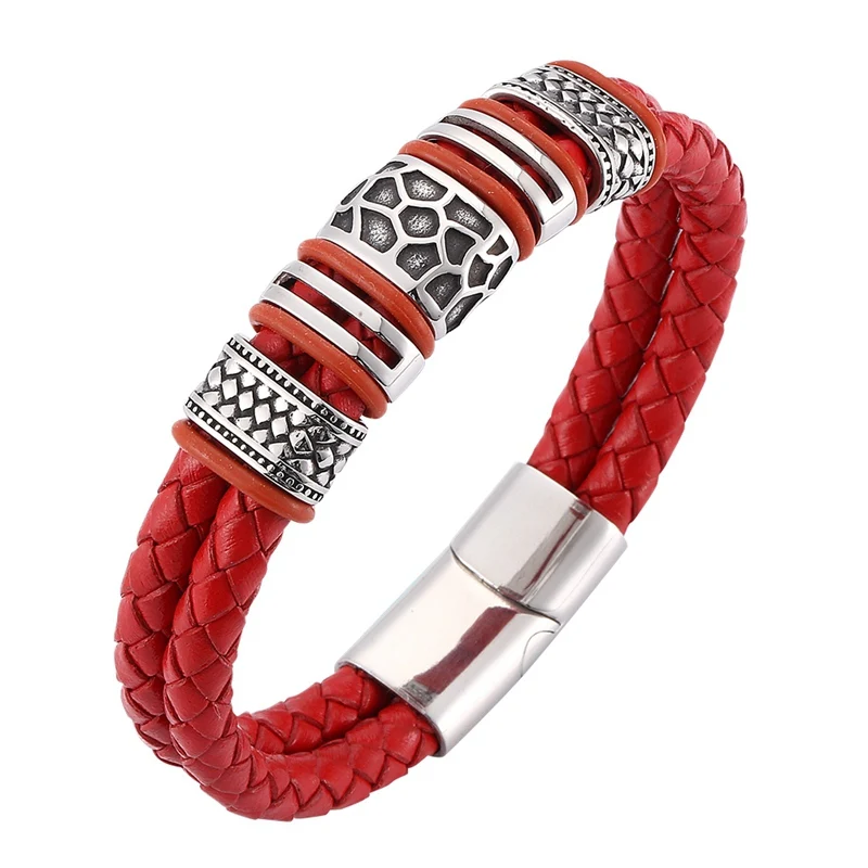 2019NewRedBraidedLeatherRetroBraceletsMenJewelryTrendy