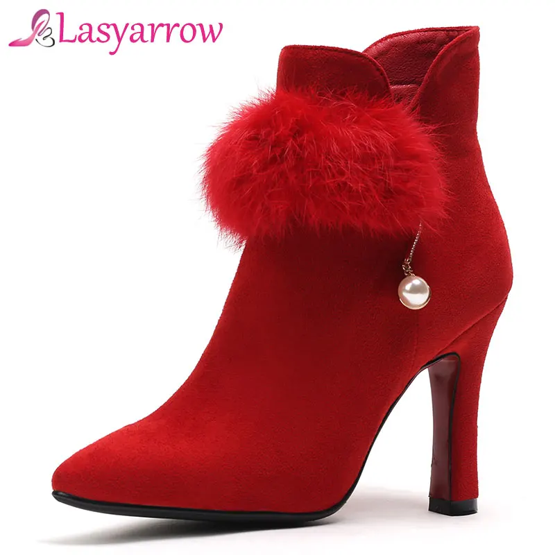 

Lasyarrow Wedding Shoes High Heels Pointed Toe Autumn Winter Female Shoes Woman Fur Zipper Botas Mujer Sapatos Femininas Black