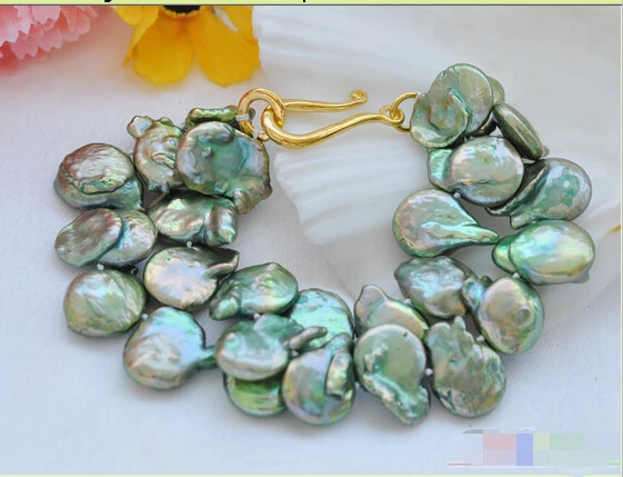 

P3900 2row 8" 15mm coin green Freshwater cultured pearl bracelet @^Noble style Natural Fine jewe SHIPPING new >>free shipping