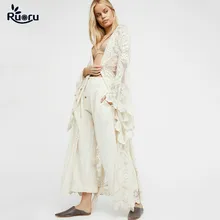 Ruoru Kimono Boho Summer Holiday Beach Cover Lace Tops Bell Sleeve Hollow Out Kimono Long See Though White Kimono Jacket lace panel kimono sleeve tee