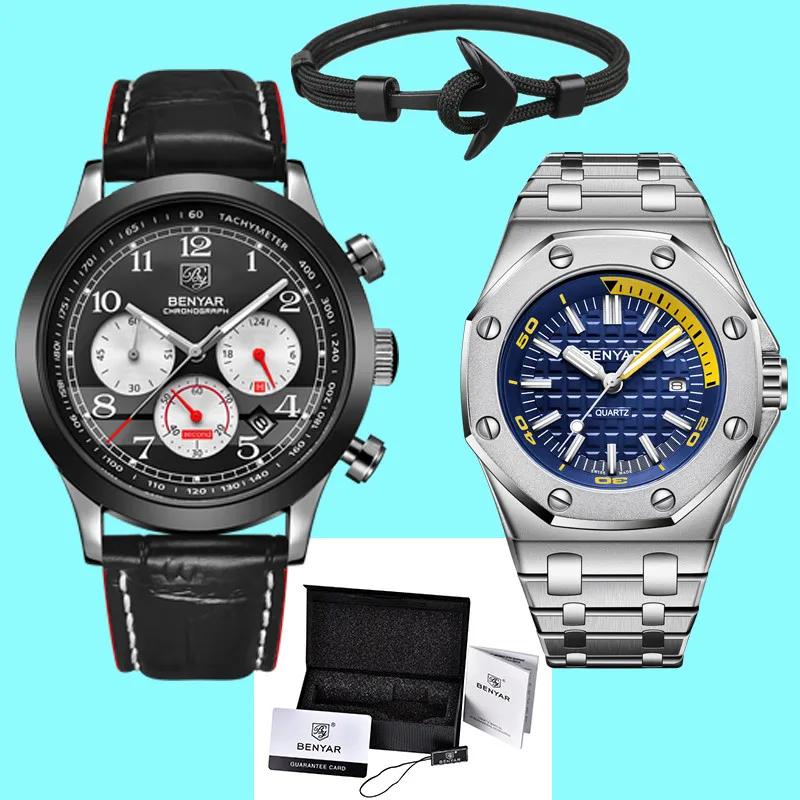 

BENYAR Top Brand Quartz Military Sport Watch Men Business Luxury Waterproof Leather Strap Chronograph relogio masculino+Box+Gift
