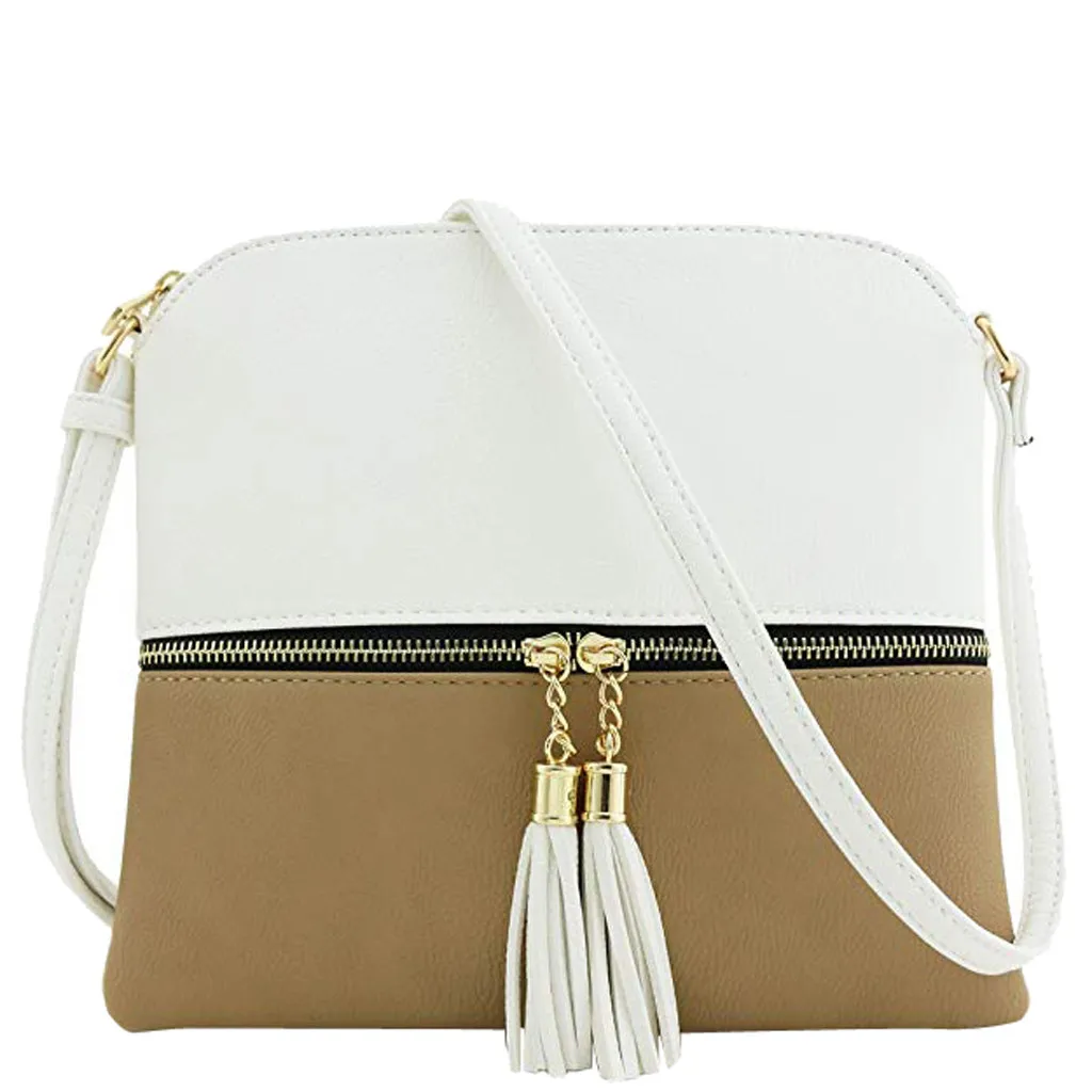

Hot Selling Panelled Zipper Shoulder Bags Women Leather Tassel Crossbody Bag Hit Color Shoulder Bags Messenger Bag#K10