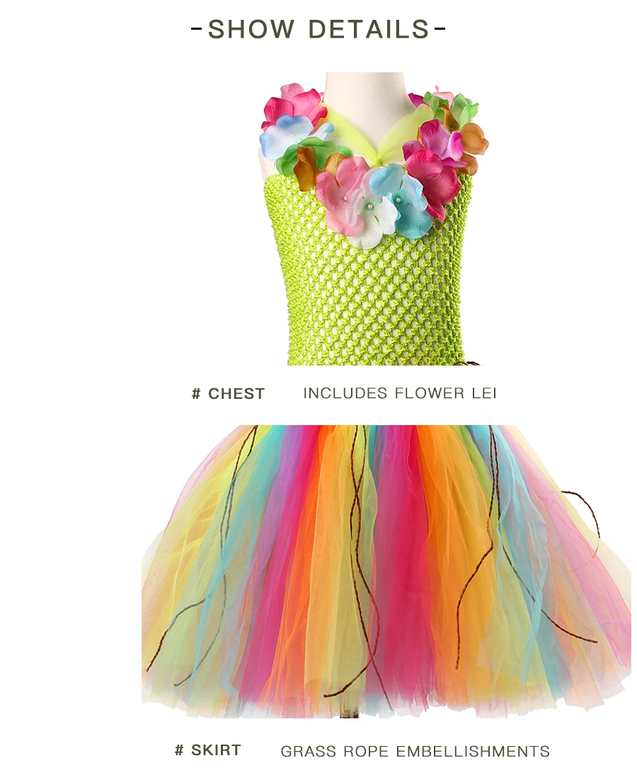 Hula Syle Girls Rainbow Colored Tutu Dress with Flower Necklace Kids Birthday Party Pageant Costume Handmade Sweet Tulle Dress (9)