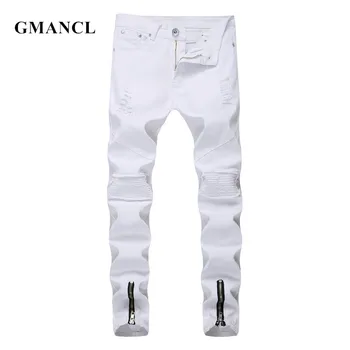 

GMANCL Men Skinny Beggar Jeans Ankle zipper Ripped Stitching Motorcycle High Quality Destroyed Hip Hop Slim Mens Biker Jeans