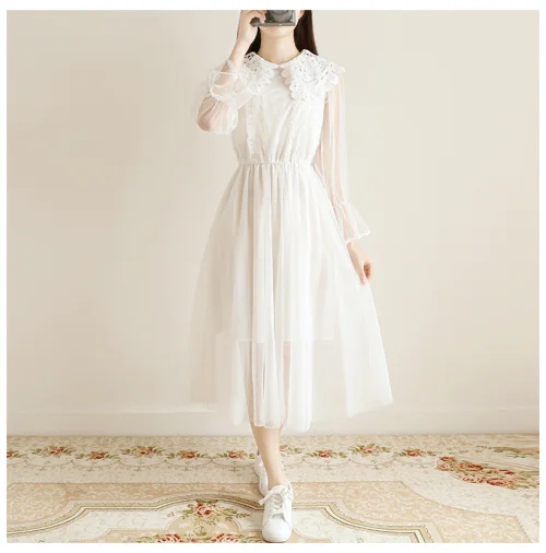 New retro dress, doll collar, Bell Sleeve net yarn dress, 2019