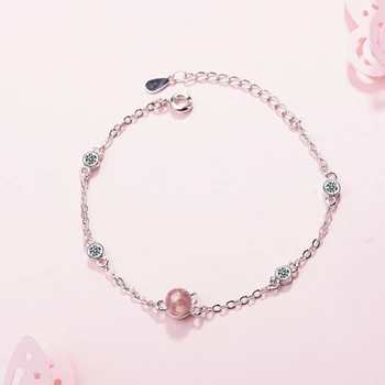 

Strawberry Crystal Pink Fresh Cat Ears 925 Sterling Silver Temperament Female Literary Trendy Resizable Bracelets SBR096