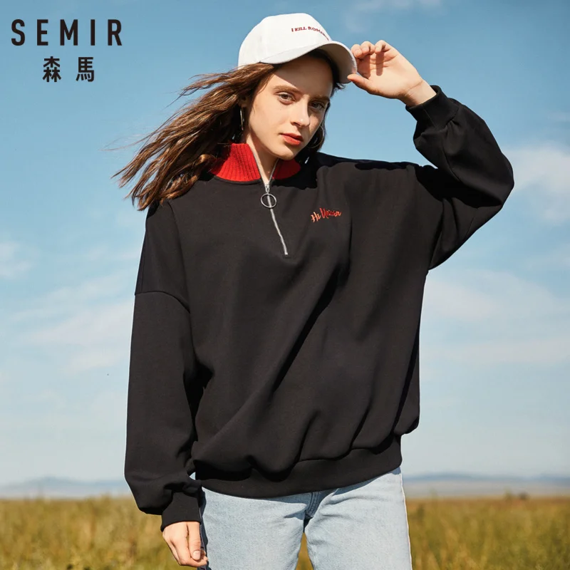 

SEMIR Women Fleece Line Embroider Sweatshirt with Zip Women's Stand-up Collar Sweatshirt Ribbing Neckline Cuff and Hem hoodies