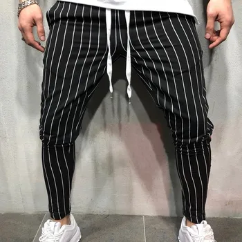 

Men Striped Long Pants Slim Fit Skinny Urban Trousers Sweatpants Casual Drawing String Stretch Bodycon Pants High Waist
