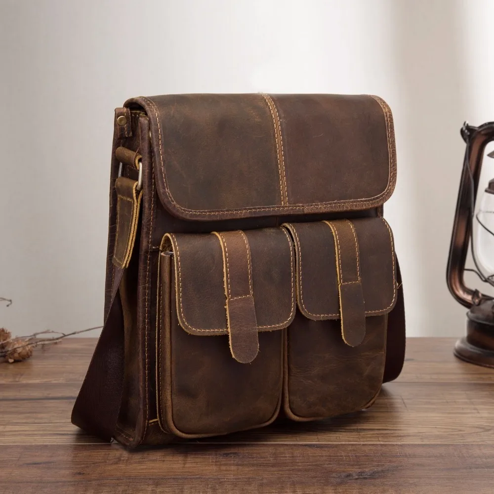 

Real Leather Male Design One Shoulder Messenger Cowhide Fashion Cross-body 10" Pad University School Book Bag 009b