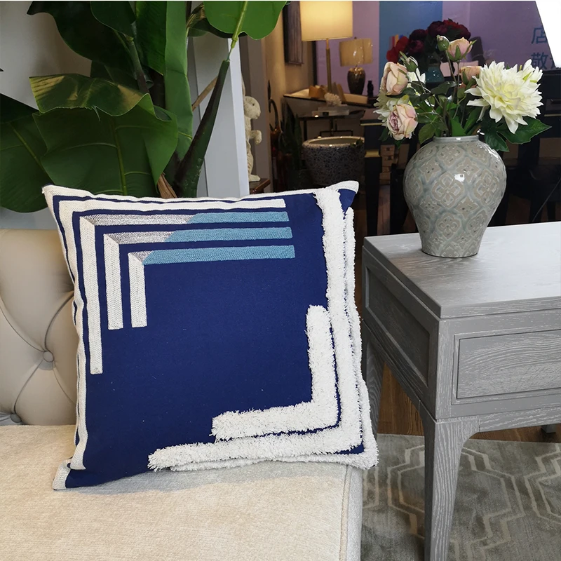 Роскошная темно-синяя подушка, желтый, белый чехол для подушки с геометрическим рисунком 45x45 см, плюшевая подушка ручной работы для дивана, декоративная подушка для дома