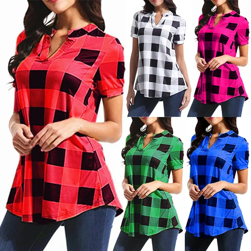 

Women blouse 2018 new plaid summer Europe the United States hot style grid printed v-neck loose woman shirts vestidos EFF6215