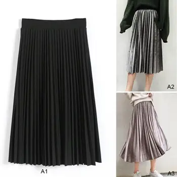 

2019 Women Spring Summer Fashion Slim Long Pleated Skirt High Waist Elastic Casual Party Solid Skirt Velvet Pleated Skirt