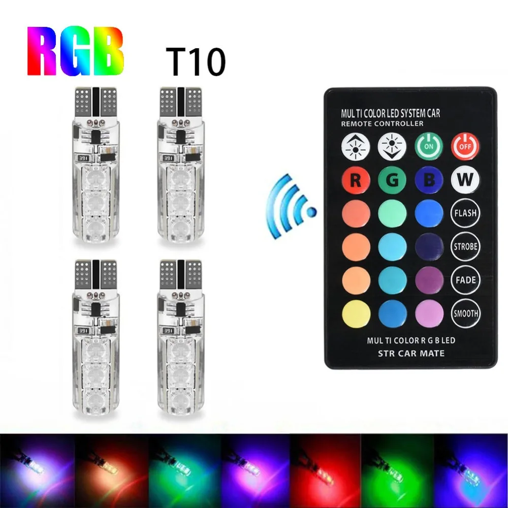 2 шт. RGB T10 W5W светодиодный 194 168 W5W 5050 SMD автомобильный купольный светильник для чтения Автомобильная клиновидная лампа RGB светодиодный светильник с пультом дистанционного управления