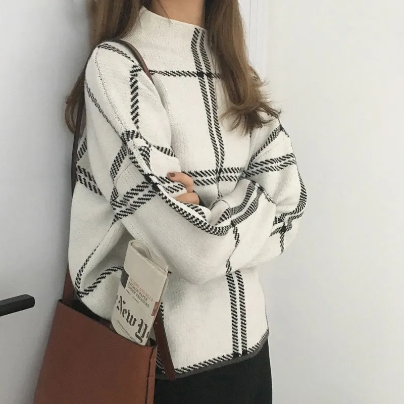 

Fashion Autumn Women Turtleneck Sweater Wild Casual Tops Plaid Sweater Female Winter Loose Pullovers Sweater