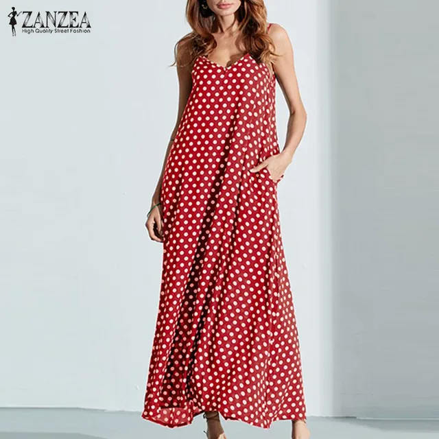 6XL Plus Size Summer Dress 2018 ZANZEA Women Polka Dot Print V Neck Sleeveless Sundress Loose Maxi Long Beach Boho Vintage Dress 1