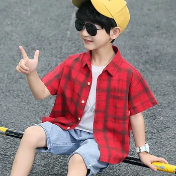 

Green Plaid Red Shirt Baby Boy Toddler Boy Shirts Kids Summer Cotton Short Sleeve Blouse For Teenage Boys Tops Children Clothing