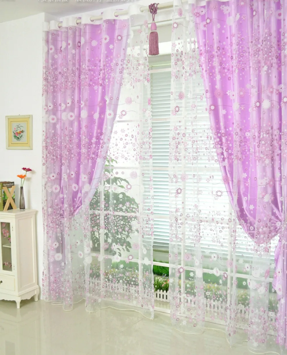 Цветок шторы окна вуаль ткань чистый Тюль лечение драпировка балдахин с цветочным принтом для маленьких девочек-подростков украшения спальни - Цвет: Фиолетовый