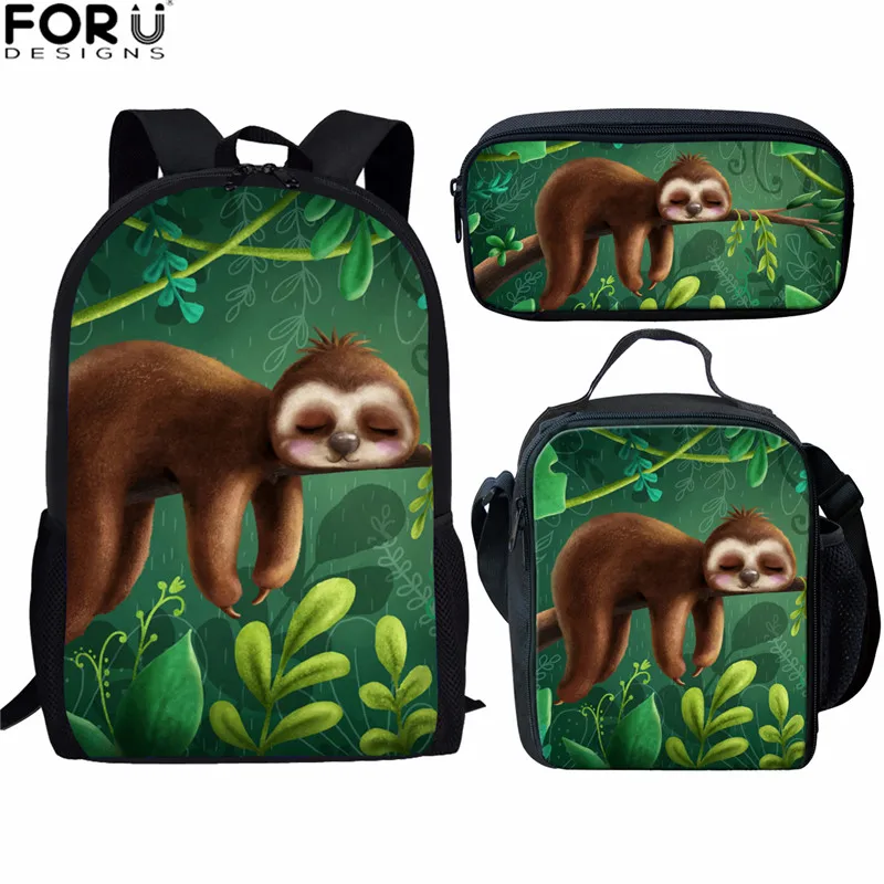 

FORUDESIGNS Animal Sloth Backpack School Bag Set for Teenage Girls Junior Student Schoolbags Cute Green Kids Bookbag Mochila